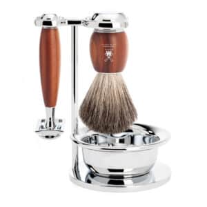 Mühle Shaving Barbersæt med DE-skraber, Barberkost, Holder og Skål, Vivo, Blommetræ