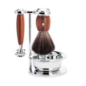 Mühle Shaving Barbersæt med DE-skraber, Black Fibre Barberkost, Holder og Skål, Vivo, Blommetræ