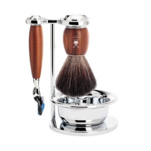 Mühle Shaving Barbersæt med Fusion Skraber, Black Fibre Barberkost, Holder og Skål, Vivo, Blommetræ