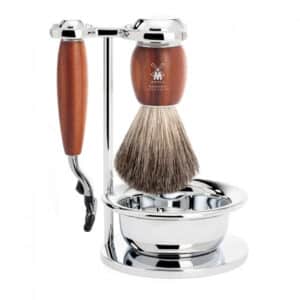 Mühle Shaving Barbersæt med Mach3 Skraber, Barberkost, Holder og Skål, Vivo, Blommetræ