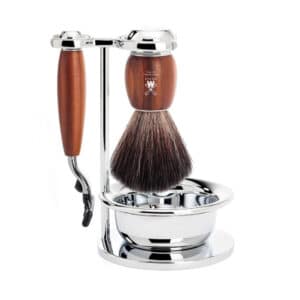 Mühle Shaving Barbersæt med Mach3 Skraber, Black Fibre Barberkost, Holder og Skål, Vivo, Blommetræ